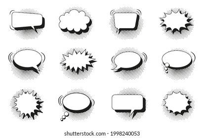 Speech bubbles. Comic pop art balloons with halftone shadow. Black white text boxes. Star burst clouds. Set of chat bang clouds with dots. Funny message shapes. Vector illustration.