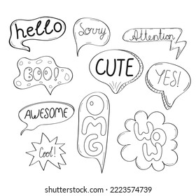 Speech bubbles with comic text set vector in hand drawn style. Massages and talk signs for app, web.Comic sketch explosions with text bang, cute, thanks, hello for social net.