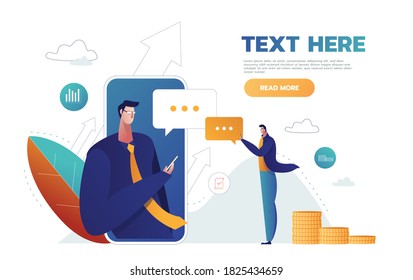 Speech bubbles for comment anf reply concept flat vector illustration of young people using mobile smartphone for texting in social networks