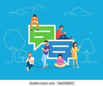 Speech bubbles for comment anf reply concept flat vector illustration of young people using mobile smartphone for texting and leaving comments in social networks. Guys and women sitting on big symbols