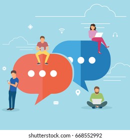 Speech bubbles for comment anf reply concept flat vector illustration of young people using mobile smartphone for texting and leaving comments in social networks. Guys and women sitting on big symbols