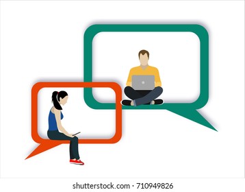 Speech bubbles for comment anf reply concept flat vector illustration of young people using mobile smartphone for texting and leaving comments in social networks. Guys and women sitting on big symbols