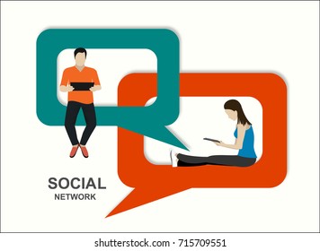 Speech bubbles for comment anf reply concept flat vector illustration of young people using mobile smartphone for texting and leaving comments in social networks. Guys and women sitting on big symbols