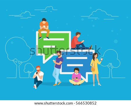 Speech bubbles for comment anf reply concept flat vector illustration of young people using mobile smartphone for texting and leaving comments in social networks. Guys and women sitting on big symbols