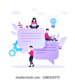 Speech bubbles for comment and reply concept flat vector illustration of small people chatting online. Guys and woman sitting on big symbols of chat.