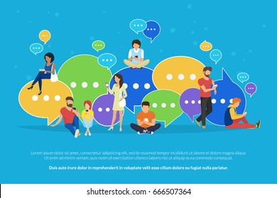 Speech bubbles for comment and reply concept flat vector illustration of young people using mobile smartphone and tablets for texting and communicating on networks. Guys and women sitting on bubbles