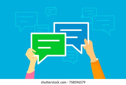 Speech bubbles for comment and reply concept vector illustration of young people texting and leaving comments in social networks. Flat human hands hold speech bubbles symbols on blue background