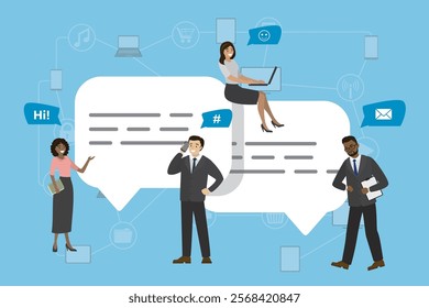 Speech bubbles for comment and reply people, various multiethnic business men and women using smart gadgets for texting and talking. Review, support, call center. stock flat vector illustration