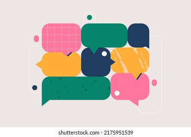 Speech bubbles, communication concept. Colorful geometric shapes. Conversation, rhetoric, discussion symbols. Art of oratory, public speaking. Isolated abstract flat vector illustration