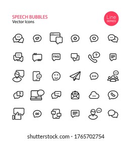 Speech bubbles, communication line icon set. Message, notification, group chat, video conference, feddback. Vector on isolated white background. Eps 10