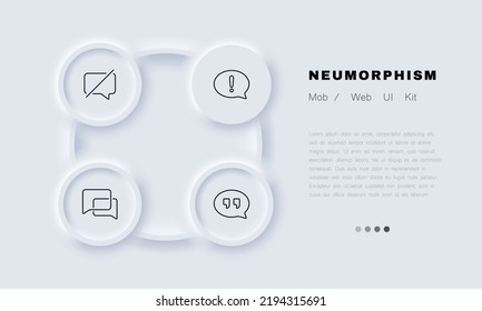 Speech bubbles for communication set icon. Crossed out, dont talk, exclamation point, quotes, conversation, message, no comments. Society concept. Neomorphism style. Vector line icon for Business.