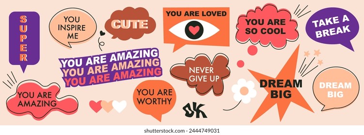 Speech bubbles with compliment phrases. Funny colored cartoon icons. Groovy style vector illustration