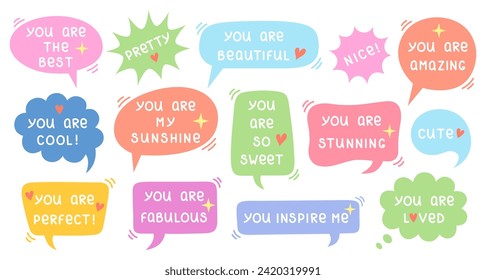 Speech bubbles with compliments. Set with positive cartoon chatting boxes with hand written phrases and doodle elements. Self love, motivation or world compliment day theme. Vector illustration.