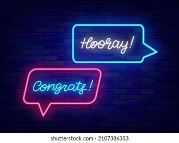 Speech bubbles with congrats and hooray neon lettering. Shiny calligraphy. Achievement celebration. Glowing quote. Outer glowing effect banner. Chatting box on brick wall. Vector stock illustration