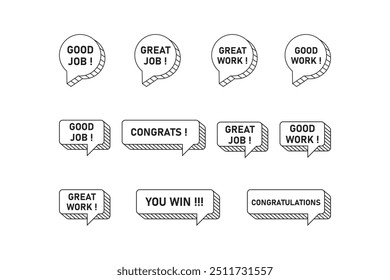 speech bubbles congratulations, congrats, good work, good job, great work, great job, you win.