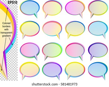 Speech bubbles with copy space; Text balloons with transparent overlapping colored borders; Vector set icon of elliptical frames Eps10