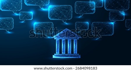 Speech bubbles and courthouse. Digital democracy, public policy, AI in governance, and e-government. Polygonal low poly tech vector on justice and transparency in communication. Vector illustration