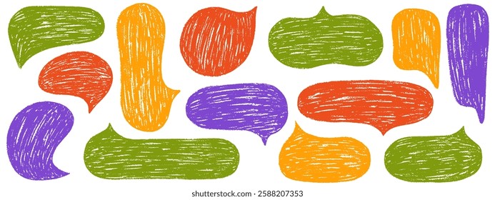 Speech bubbles with crayon or chalk texture.  Charcoal doodle speech bubbles, comic talk balloon.  Hand drawn kid's style pencil dialog balloon, various text clouds. Hand drawn vector illustration  