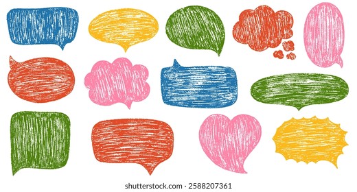 Speech bubbles with crayon or chalk texture.  Charcoal doodle speech bubbles, comic talk balloon.  Hand drawn kid's style pencil dialog balloon, various text clouds. Hand drawn vector illustration  