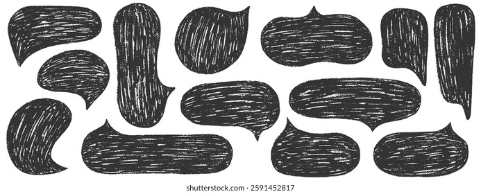 Speech bubbles with crayon or chalk texture.  Charcoal doodle speech bubbles, comic talk balloon.  Hand drawn kid's style pencil dialog balloon, various text clouds. Hand drawn vector illustration  