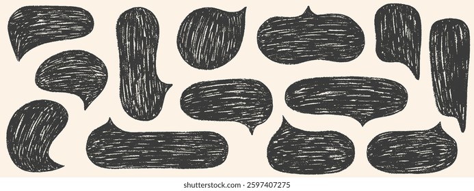 Speech bubbles with crayon or chalk texture. Charcoal doodle comic empty grunge chalk speech bubbles set in doodle style. Hand drawn kid's style pencil dialog balloon, various text clouds vector set