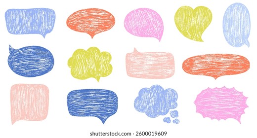 Speech bubbles with crayon or chalk texture. Charcoal doodle comic empty grunge chalk speech bubbles set in doodle style. Hand drawn colorful pencil dialog balloon, various text clouds vector set