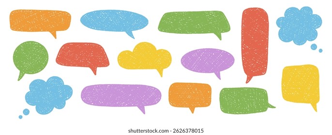 Bolhas de fala crayon conjunto colorido. Caixas de pensamento texturizadas de giz. Quadros de chat desenhados à mão, estilo doodle. Nuvens de balão de diálogo. Desenhos a lápis, elementos sobre fundo branco. Ilustração vetorial