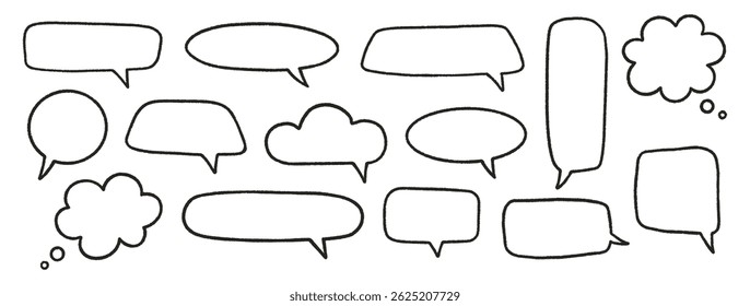 Bolhas de fala, giz de cera. Caixas de pensamento Chalk Talk. Quadros de bate-papo desenhados à mão, estilo infantil de doodle. Nuvens de balão de diálogo. Desenho a lápis, elementos pretos sobre fundo branco. Ilustração vetorial