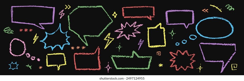Speech bubbles crayon set. Collection of hand drawn chalk lightning, flash, stars signs. Child colorful dialog boxes on black background. Vector pastel handwriting comic text clouds in doodle stile