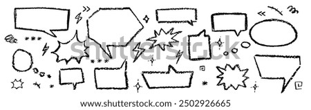 Speech bubbles crayon set. Collection of hand drawn chalk elements. Cute child black dialog boxes on white background. Vector pastel handwriting comic text clouds in doodle stile. Grunge texture.