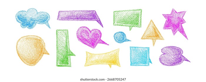 Giz de cera com bolhas de fala. Sinal de fala vetorial. Ícone de lápis desenhado à mão isolado no fundo branco. Quadro de comunicação de arte, silhuetas para texto, caixa quadrada de mensagem