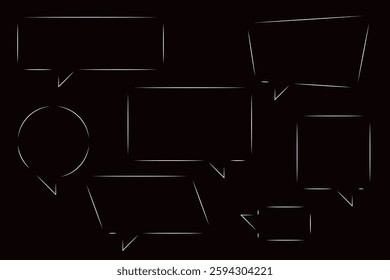 Speech Bubbles Dashed Line Style Inverted Set of Circle Distorted Rectangle and Square Blank Trendy Shapes - White Strokes on Black Background - Vector Flat Graphic Design