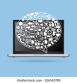 Speech Bubbles Design with Creative web icons, business icons, technology icons and strategy planning icons Idea on laptop computer, Vector Illustration EPS 10.