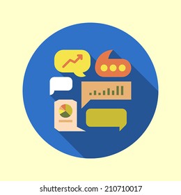 Speech bubbles with diagrams icon. Flat long shadow design. Startup business icons series.