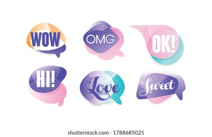 Speech Bubbles with Dialog Words, Wow, Omg, Okay, Hi, Love, Sweet Vector Illustration