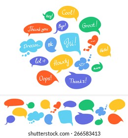 Speech bubbles in different colors with hand written text isolated on white 