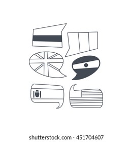 Speech Bubbles With Different Country Flags Black And White Hand Drawn Illustration In Simplified Graphic Style On White Background