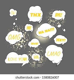 Speech bubbles with different phrases- thx, bye, omg, haha, hi and hello. Love you. LOL and WOW.. Vector set of dialogue windows. Vector illustration of internet acronym chat bubble. set of Quote