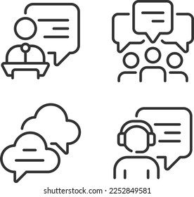 Speech bubbles in different spheres pixel perfect linear icons set. Public communication ways. Customizable thin line symbols. Isolated vector outline illustrations. Editable stroke