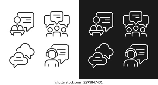 Speech bubbles in different spheres pixel perfect linear icons set for dark, light mode. Public communication ways. Thin line symbols for night, day theme. Isolated illustrations. Editable stroke