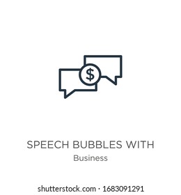 Speech bubbles with dollar sign icon. Thin linear speech bubbles with dollar sign outline icon isolated on white background from business collection. Line vector sign, symbol for web and mobile
