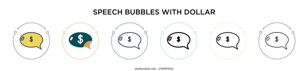 Sprachblasen mit Dollar-Zeichen-Symbol in gefüllt, dünne Linie, Umriss und Strich-Stil. Vektorgrafik von zwei farbigen und schwarzen Sprachblasen mit Vektorsymbol-Symboldesigns für Dollar kann für 