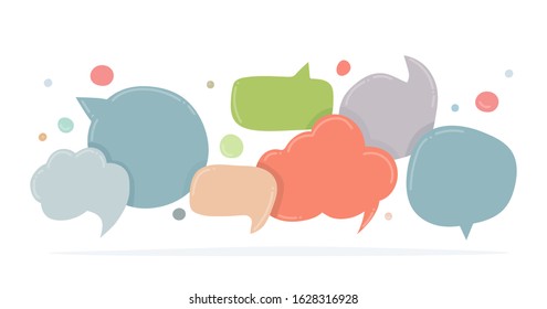 Speech bubbles doodle in different colors isolated on white. Chat banner template. Discussion concept. Vector illustration.