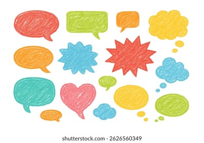 Speech bubbles doodle drawn crayons. Pencil talk speech cloud balloon box dialogue message vector icon.