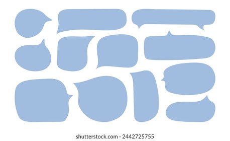 Speech bubbles in doodle minimalist style. Cloud textbox set. Hand drawn blue text comment box collection.