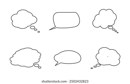 Speech bubbles in doodle minimalist style. Cloud textbox set. Hand drawn blue text comment box collection.