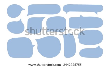 Speech bubbles in doodle minimalist style. Cloud textbox set. Hand drawn blue text comment box collection.