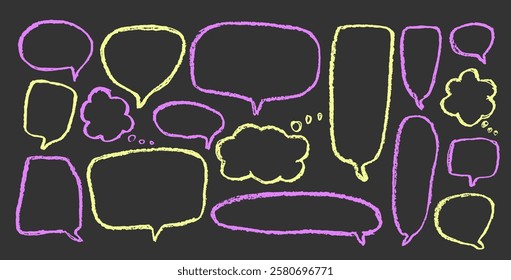 Speech bubbles doodle set. Crayon doodle text borders. Chat dialog boxes. Comic talk text boxes by chalk or pencil isolated on dark background. Childish quotation balloon. Vector illustration.