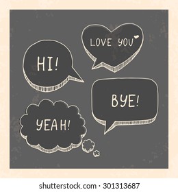 Speech bubbles doodles in black chalkboard. Hi and bye, yeah and love you.