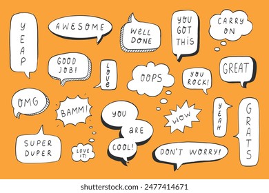 Speech bubbles doodles collection for stickers, prints, planners, stationary, clip art. speech balloons with motivational quotes. EPS 10